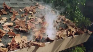 leaf filled gutter on fire